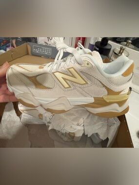 New Balance 9060 Women's White and Gold Chunky Athletic Sneakers
